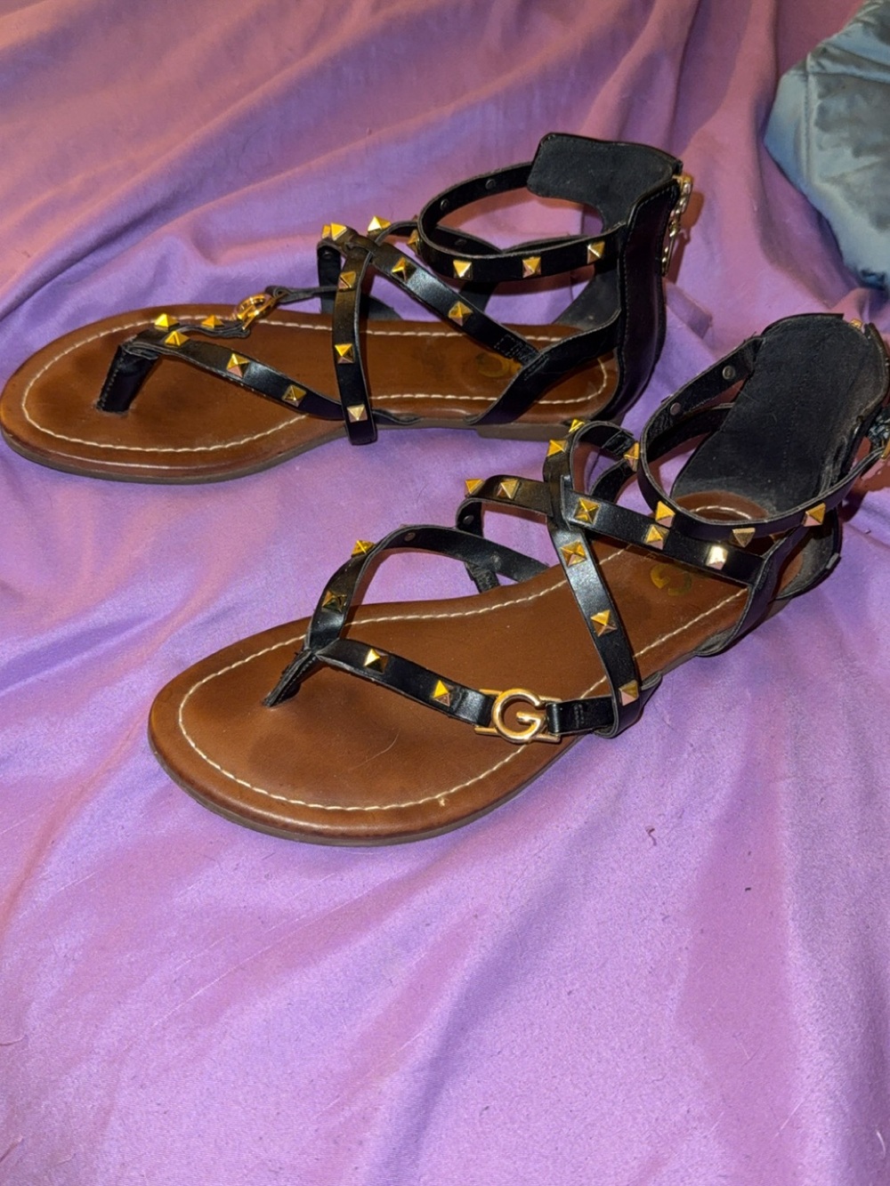 GBG Los Angeles Black Leather Studded Ankle-Strap Sandals
